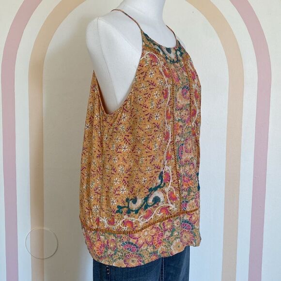 Anthropologie Orange & Teal Boho Embroidered Tank Top Size 10 - Picture 6 of 12